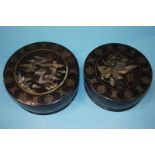 A pair of mother of pearl inlaid boxes. 20cm diameter