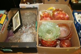 Three boxes of cut and carnival glass