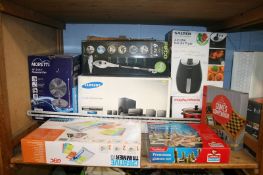 A shelf of miscellaneous, Samsung DVD Home Entertainment System etc. (boxed)