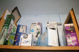 A shelf of miscellaneous, digital tower heater, telescope set etc. (as new, boxed)