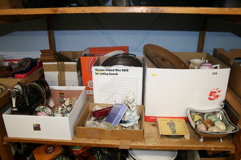 A shelf of miscellaneous, Wade miniature figures etc.