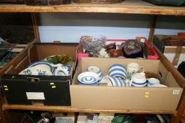 A shelf of miscellaneous; Staffordshire chef ware etc.