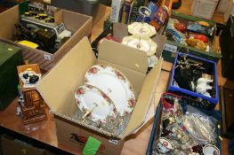 Two boxes of decorative glass and china, to include Old Country Roses cake stand