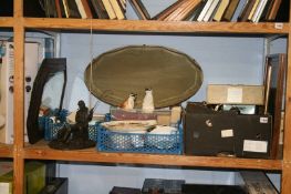 A shelf of miscellaneous, Heredities angler figure etc.