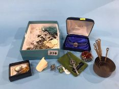 Quantity of assorted costume jewellery, a set of copper pans etc.