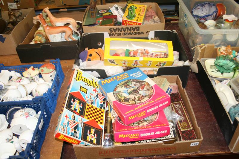 Three boxes; puzzles, dolls, toys, Pelham puppet etc.