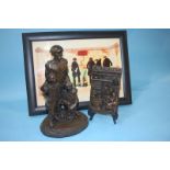 A Bob Olley figure, a small plaque and a print (3)