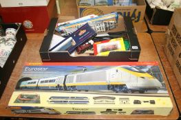 A Hornby Eurostar train set, box of track, engines etc.