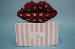 Black Cherry studded snakeskin design 'Padded Lips' clutch bag from Lulu Guinness, with dust bag and