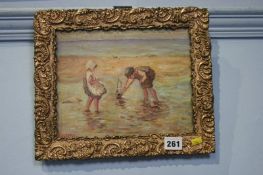 Oil on board, Children on a beach, 19cm x 24cm.