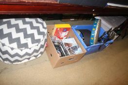 Two boxes, including DVDs, footstool etc..