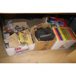 Four boxes of miscellaneous; cameras, records etc.