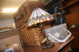 Tiffany style lamp, Denby cutlery and two baskets