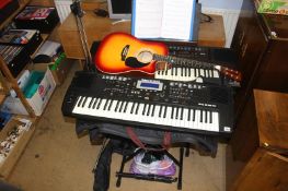 Two Roland keyboards and stands, an Encore guitar and mic stand