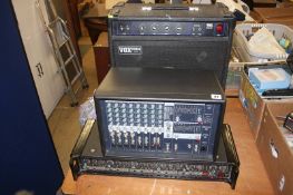 A Vox Venue Bass 100 amplifier, Yamaha power mixer etc.