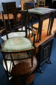 Two Nests of tables, an Edwardian chair, fire screen and tea trolley