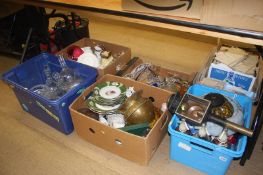 Six boxes of assorted china, carriage lamp etc.