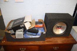 A box of audio equipment and accessories and "MTX Audio Thunder 5500" speaker