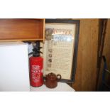 A framed Charter of the Methodist Order, fire extinguisher etc.
