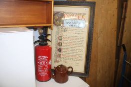 A framed Charter of the Methodist Order, fire extinguisher etc.