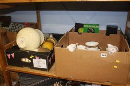 Three boxes, tea, china, vases etc.