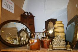 A shelf of miscellaneous to include brass desk tidy etc.