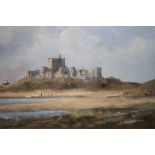 C. Russell, oil on board, signed, 'View of Bamburgh Castle', 24cm x 52cm