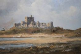 C. Russell, oil on board, signed, 'View of Bamburgh Castle', 24cm x 52cm