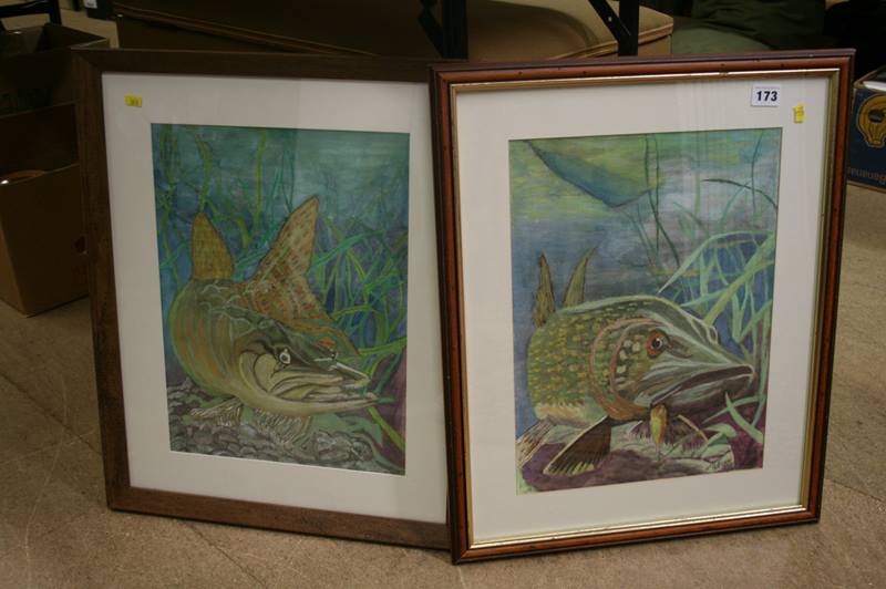 Two framed watercolours of Pike, signed Guy 2019
