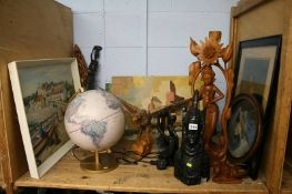 Shelf of carved ethnographical items etc.