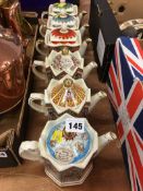 Six Sadler Staffordshire commemorative teapots