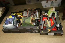 Three boxes of toys, Die Cast Hawker Hurricane, model railway parts etc.