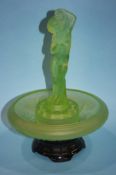 An Art Deco green glass bowl and stand