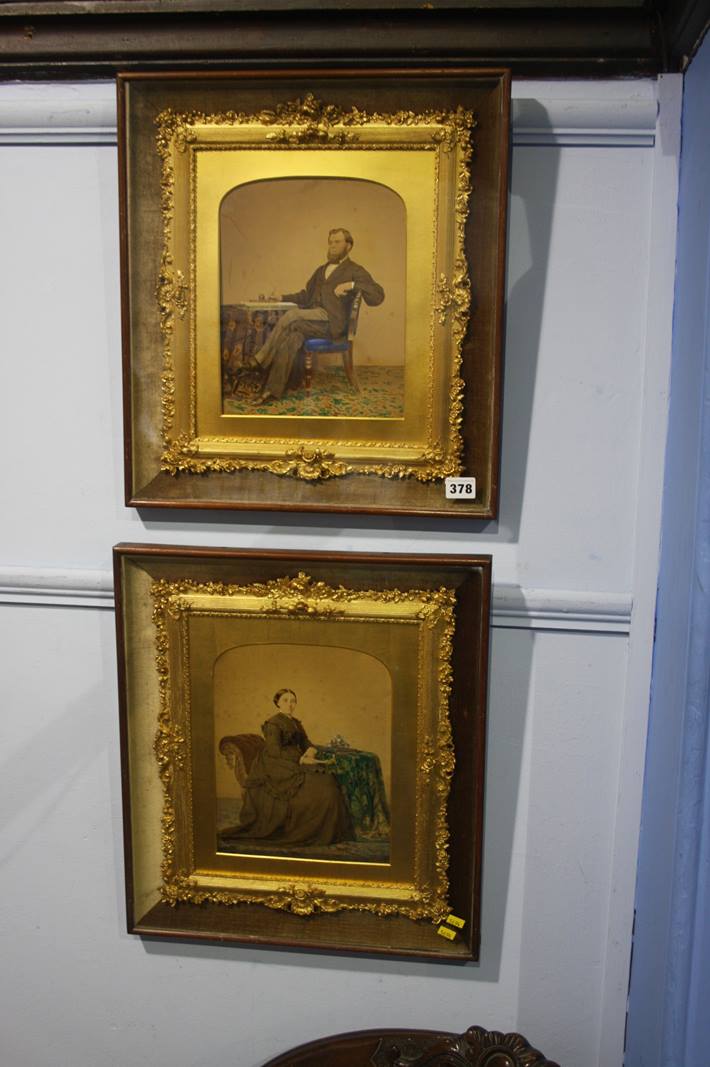 A pair of portraits, set in ornate gilt frames, (within an outer frame), 45cm x 40cm (overall size)