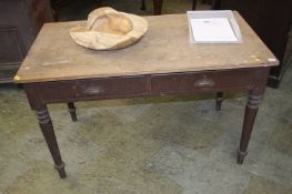 A Victorian pine scrub top kitchen table, with two drawers