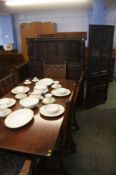 Oak corner cabinet, sideboard, table and six chairs