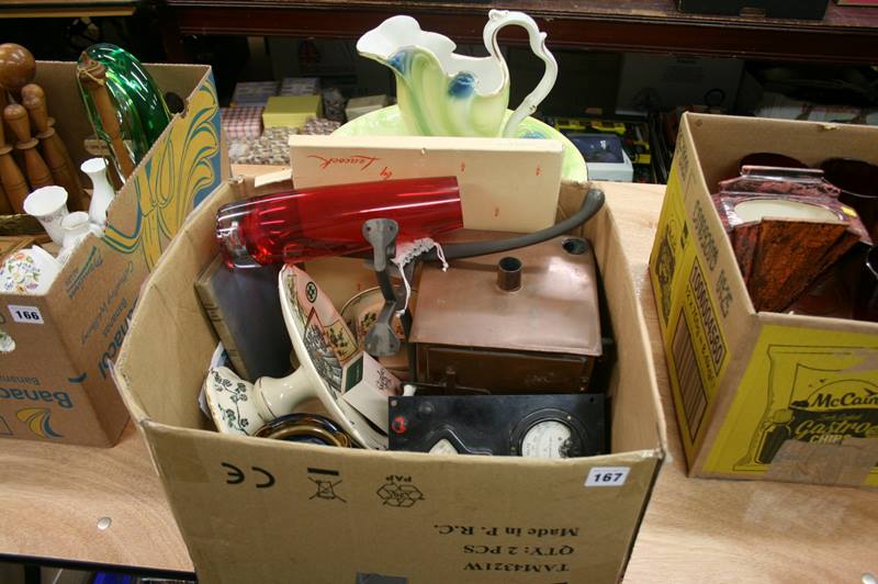 A box of miscellaneous, Bishop Stonier part wash set, etc.