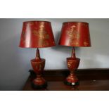 A pair of metalwork Chinese decorated table lamps and shades