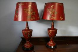 A pair of metalwork Chinese decorated table lamps and shades