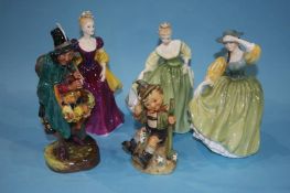 Four Royal Doulton figures and a Hummel figure