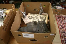 A box of mining collectables including a Pit Pony's leather hood and two stage book ends