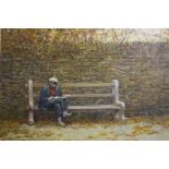 Alf O'Brien, oil on canvas, signed, dated **86, 'Gentleman seated on a park bench reading', 39cm x
