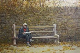 Alf O'Brien, oil on canvas, signed, dated **86, 'Gentleman seated on a park bench reading', 39cm x