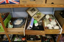 A shelf of miscellaneous, china, binoculars, photographs etc.