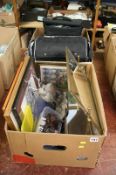 Two boxes of assorted, Stag figure, wristwatches etc.