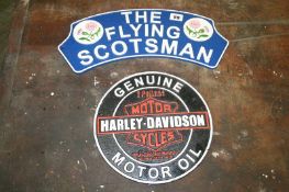 Two metalwork signs 'Flying Scotsman' and 'Harley Davidson'