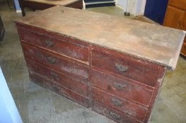 A 19th century pine shop counter with four long drawers and four short drawers, 162cm width, 74cm