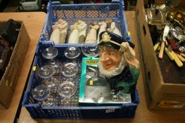 Two boxes of assorted, Willow Tree figures, Royal Doulton character jug etc.