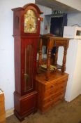 Pine side table, chest of drawers and a long case clock