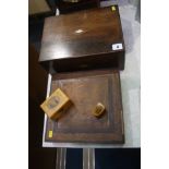 Mahogany workbox, Mauchline ware thimble case etc.